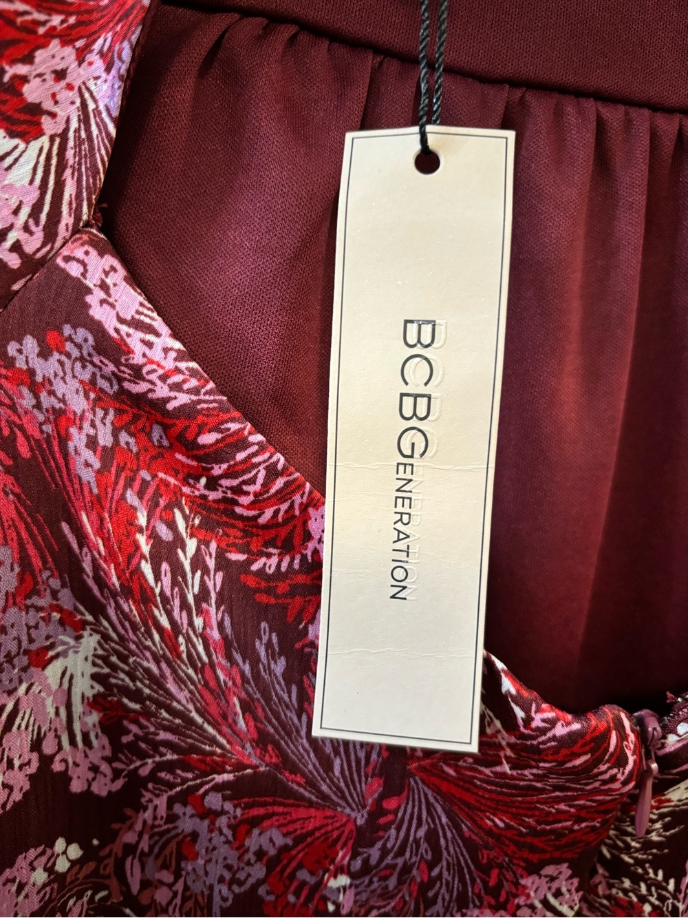 BCBGeneration Burgundy Floral Long Sleeve Ruffle-Hem Dress - Picture 6 of 7